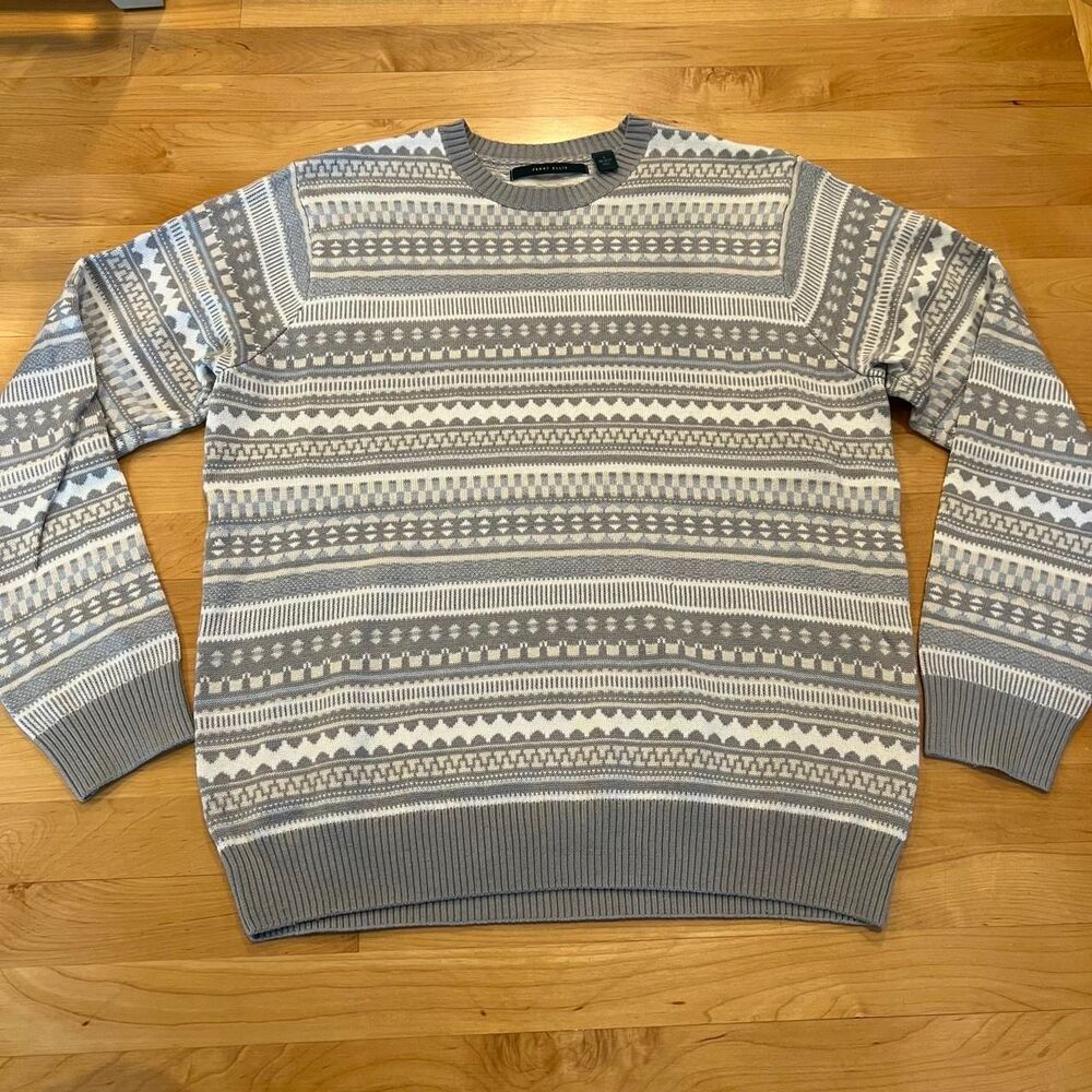 Perry Ellis Mens Fair Isle Crewneck Sweater Large Gray White Geometric Knit L